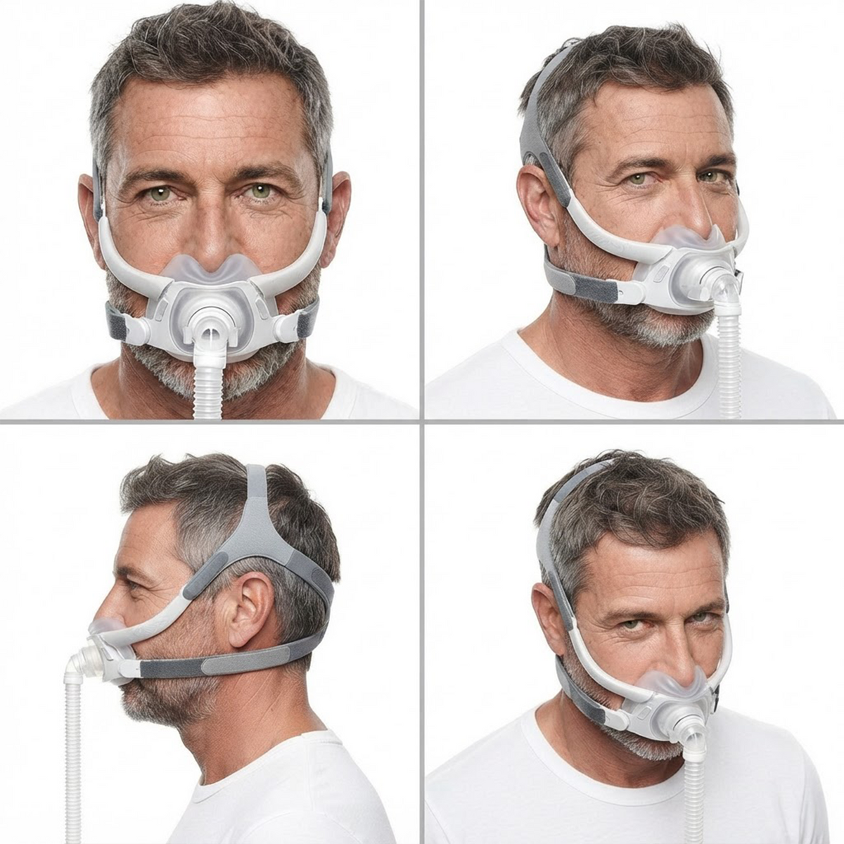Multiple views of the ResMed AirFit F40 Full Face CPAP Mask showcasing the mask design, headgear, and fit.