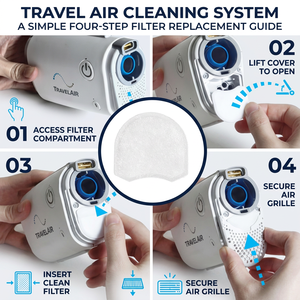 A four-step travel air cleaning system filter replacement guide showing hands using a white and blue TravelAir device to open the filter compartment, insert a clean filter, and secure the air grille, with a central circular inset of the white filter.