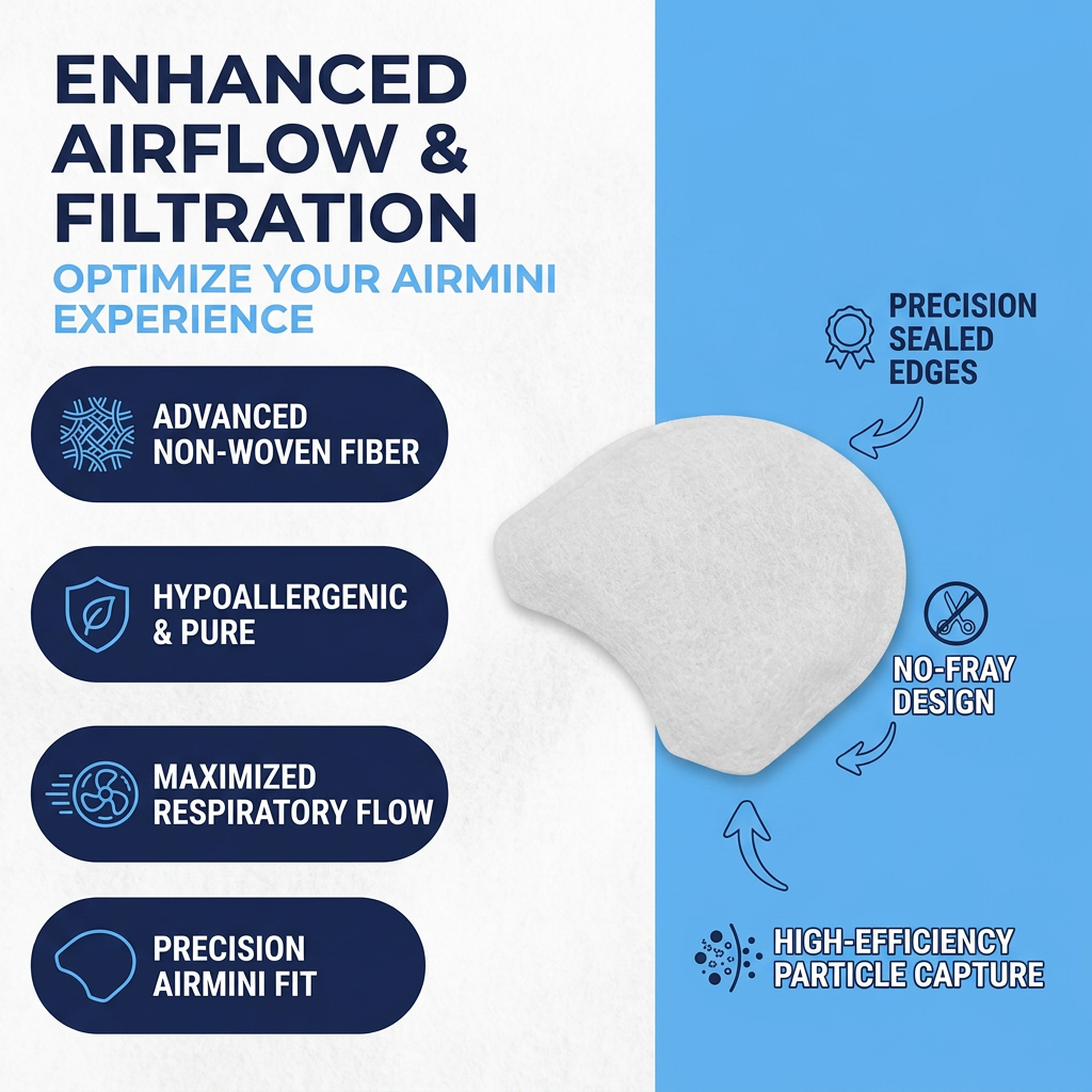 A white curved air filter shown on a split white and light blue promotional graphic with text highlighting enhanced airflow, filtration, and fit features.