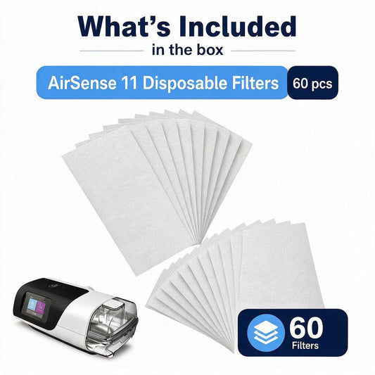 AirSense 11 disposable filters set of 60 pieces, shown with two fanned-out white filter sheets and a small device at the bottom left on a white background, with text overlays indicating the box contents.