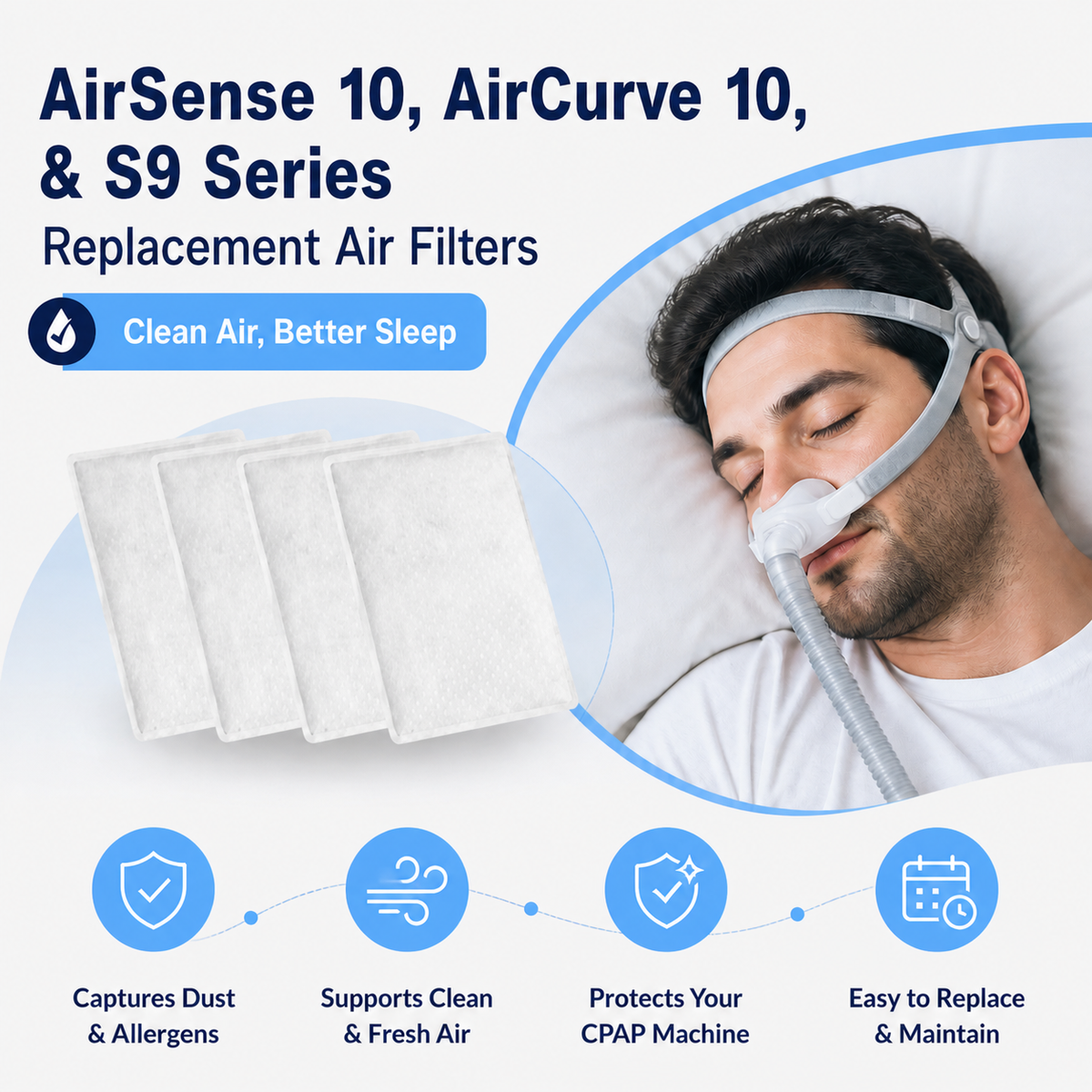 Replacement air filters for CPAP machines shown next to a sleeping man wearing an AirSense 10 and AirCurve 10 CPAP mask. The graphic features text reading 'AirSense 10, AirCurve 10, & S9 Series Replacement Air Filters' and 'Clean Air, Better Sleep' with four blue feature icons at the bottom.