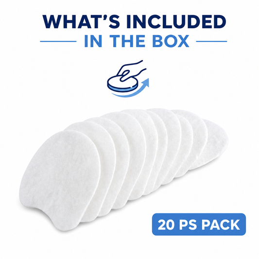 A pack of 20 white crescent-shaped makeup remover pads arranged in a fan shape on a white background, with text reading 'WHAT'S INCLUDED IN THE BOX' and '20 PS PACK'.
