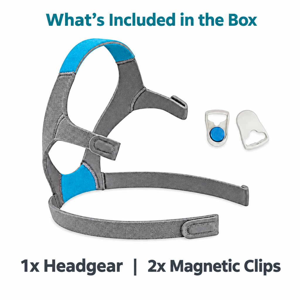 CPAP mask with headgear and accessories on a white background, featuring ResLab branding.