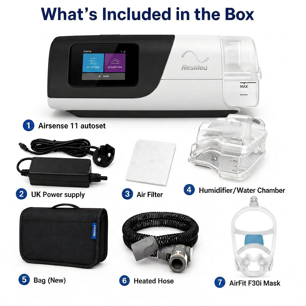 ResMed AirSense 11 autoset CPAP machine shown with included accessories and labels on a white background: power supply, air filter, humidifier/water chamber, carrying bag, heated hose, and AirFit F30I mask, with text reading 'What's Included in the Box'.