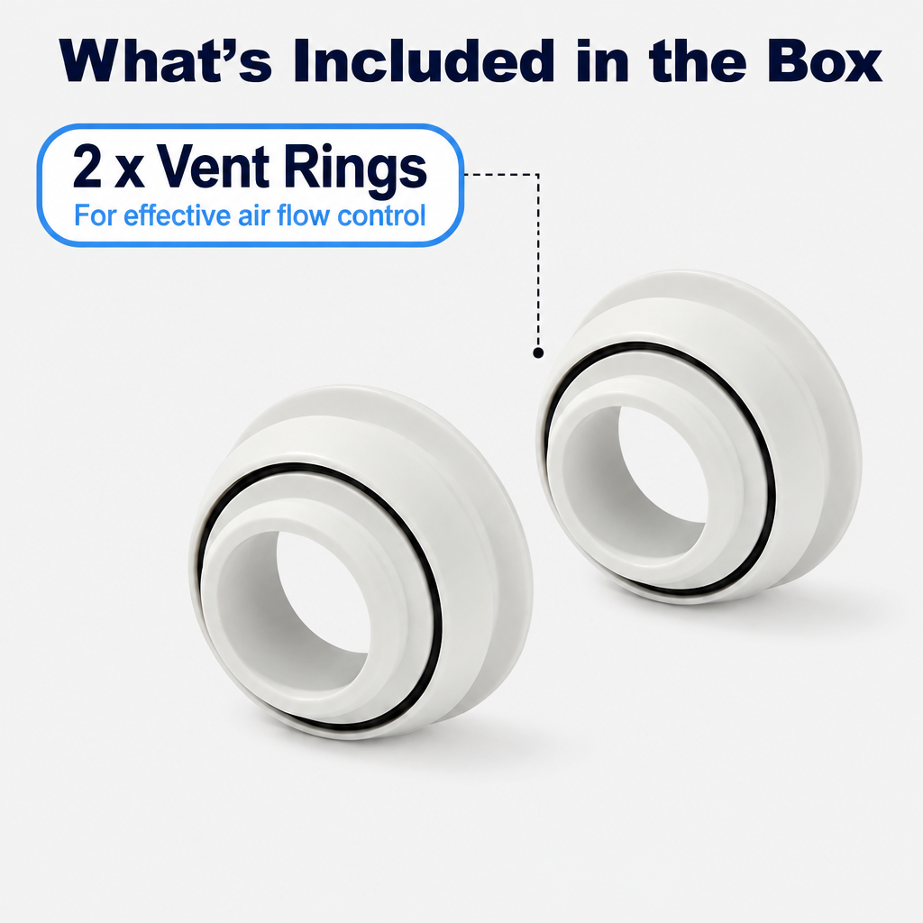 Two white vent rings with black inner rings, shown on a light gray background with the text 'What's Included in the Box' and a callout noting '2 x Vent Rings For effective air flow control'.