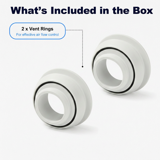 Two white vent rings with black inner rings, shown on a light gray background with the text 'What's Included in the Box' and a callout noting '2 x Vent Rings For effective air flow control'.