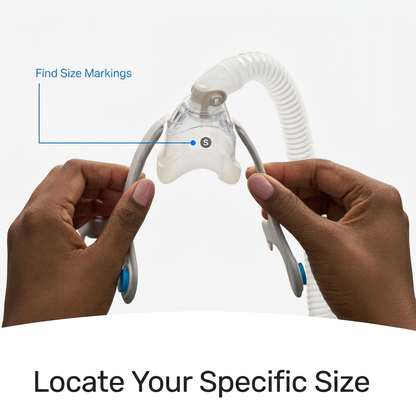 A person's hands holding a clear nasal mask with gray straps and a white corrugated tube, with text pointing out size markings and the instruction 'Locate Your Specific Size' on a white background.