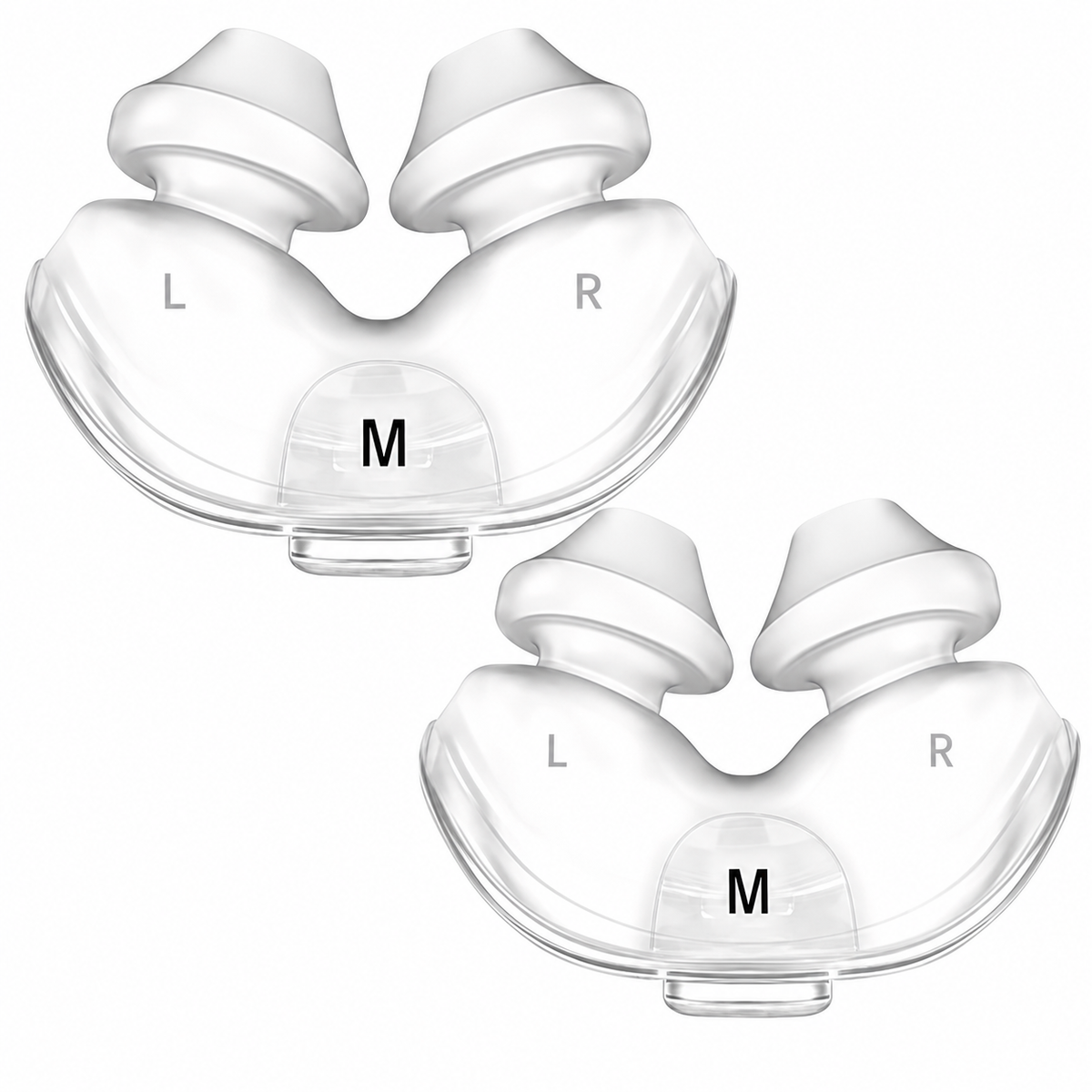 Two clear nasal dilator rings shown on a white background, labeled L and R on the sides and M in the center, indicating left and right ear placement.