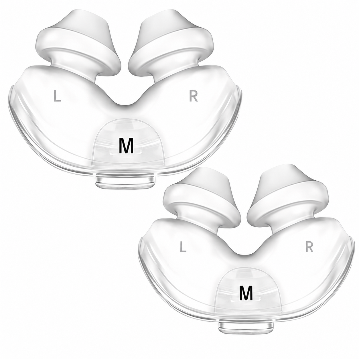 Two clear nasal dilator rings shown on a white background, labeled L and R on the sides and M in the center, indicating left and right ear placement.