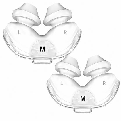 Two clear nasal dilator rings shown on a white background, labeled L and R on the sides and M in the center, indicating left and right ear placement.