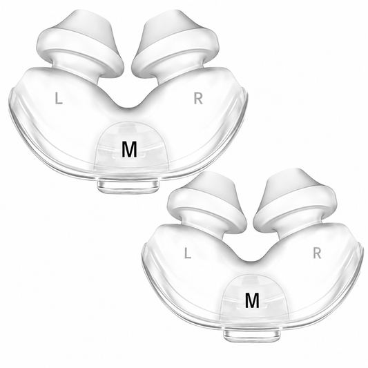 Two clear nasal dilator rings shown on a white background, labeled L and R on the sides and M in the center, indicating left and right ear placement.
