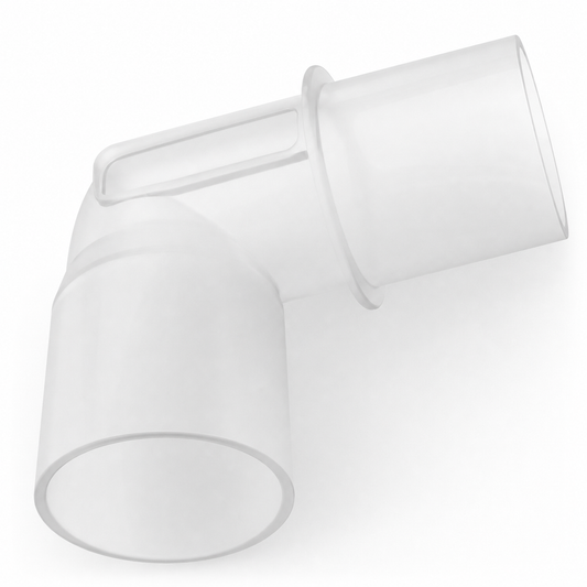 A clear plastic elbow adapter with a rectangular slot on the upper arm, shown on a clean white background.