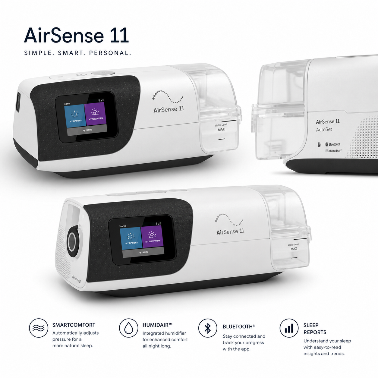 AirSense 11 portable home oxygen concentrator shown in a clean studio layout with multiple angles and feature icons along the bottom. The device is primarily white with black front panels and transparent side housing.