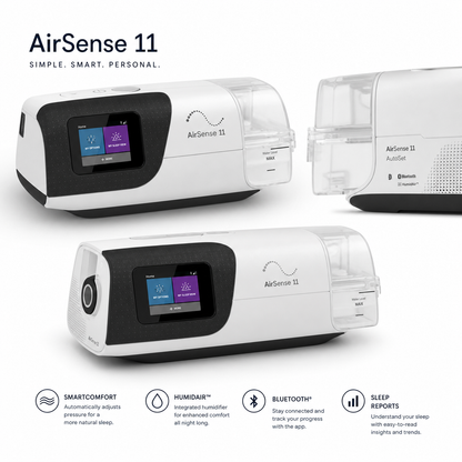 AirSense 11 portable home oxygen concentrator shown in a clean studio layout with multiple angles and feature icons along the bottom. The device is primarily white with black front panels and transparent side housing.