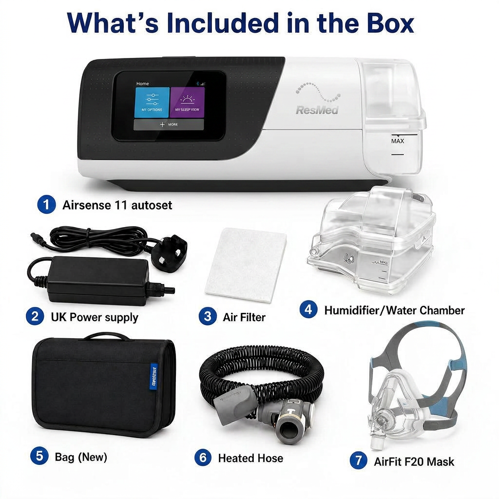 Resurfed CPAP machine shown with a 'What's Included in the Box' layout, including Airsense 11 autoset, UK power supply, air filter, humidifier/water chamber, carrying bag, heated hose, and AirFit F20 mask on a white background.