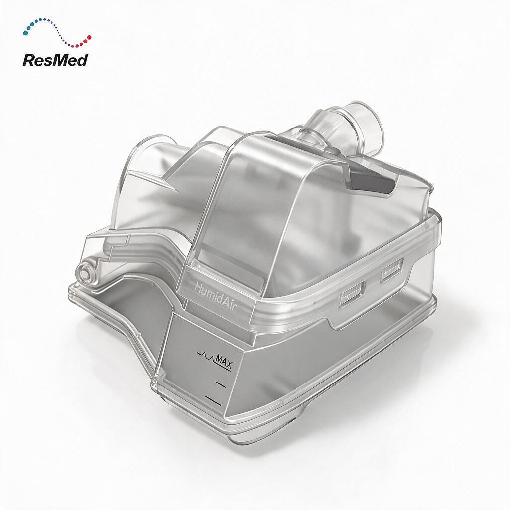 ResMed HumidAir humidifier filter canister, made of transparent clear plastic with a gray base, shown on a white background with the ResMed logo in the top-left corner.