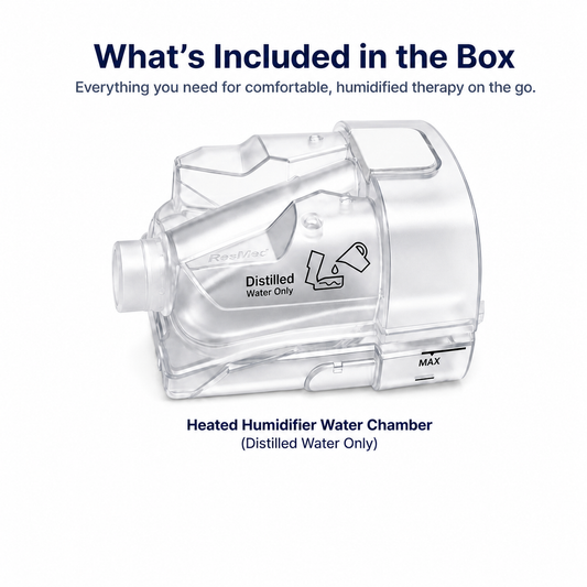A clear heated humidifier water chamber with printed text reading 'Distilled Water Only' and 'MAX', shown on a white background with the headline 'What's Included in the Box' and additional product text below.