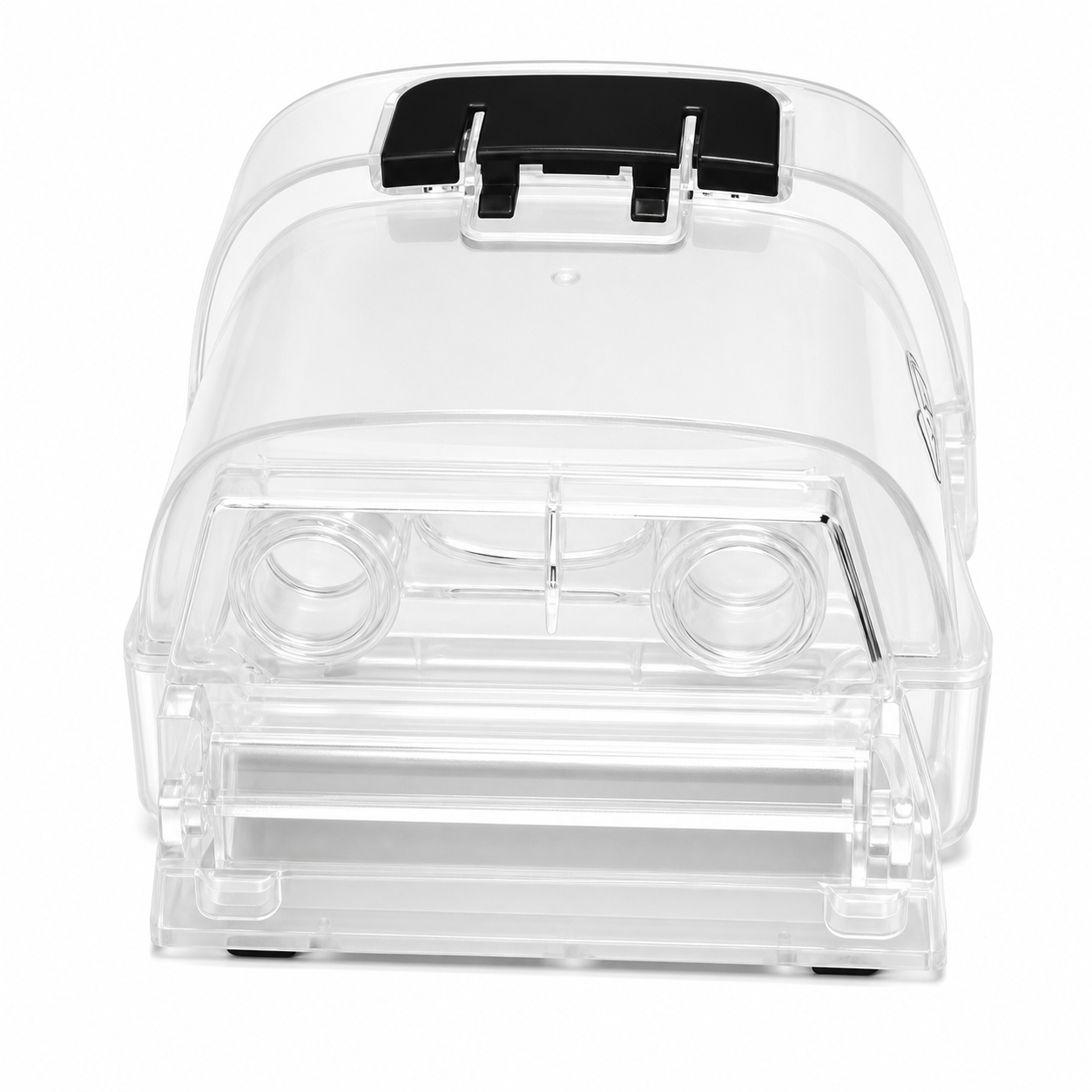 A clear plastic storage container with a transparent lid and a black latch on top, shown on a plain white background.