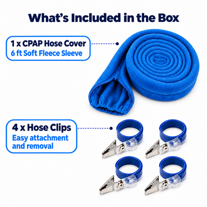 Blue CPAP hose cover and four blue hose clips shown on a white background with text labels reading 'What's Included in the Box' and '1 x CPAP Hose Cover' and '4 x Hose Clips'.