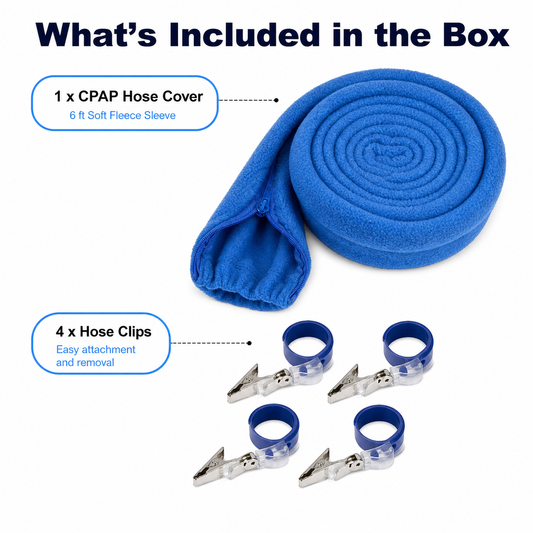 Blue CPAP hose cover and four blue hose clips shown on a white background with text labels reading 'What's Included in the Box' and '1 x CPAP Hose Cover' and '4 x Hose Clips'.