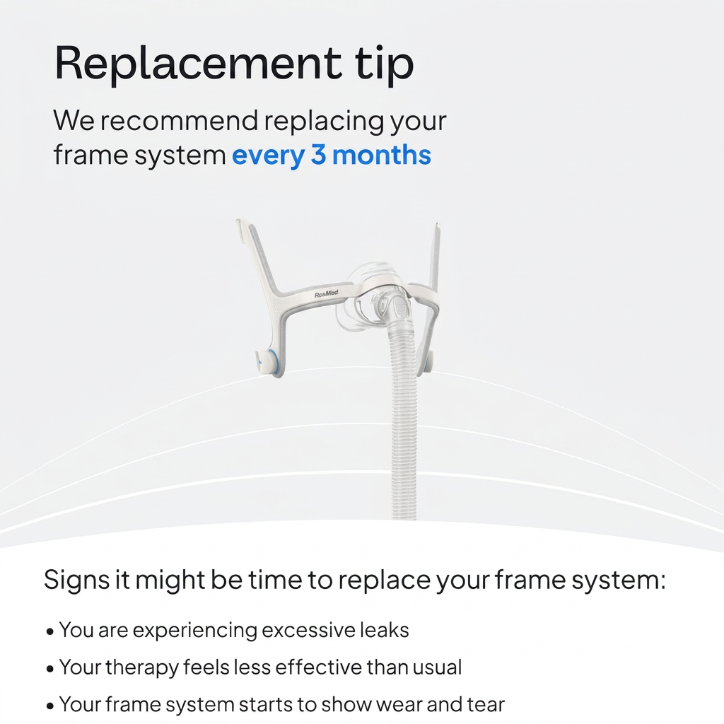 An informational graphic for a medical breathing device replacement tip, featuring a white nasal airway tube with a curved connector and tubing on a light gray background. Text at the top reads 'Replacement tip' and recommends replacing the frame system every 3 months, with additional signs for replacement listed at the bottom.