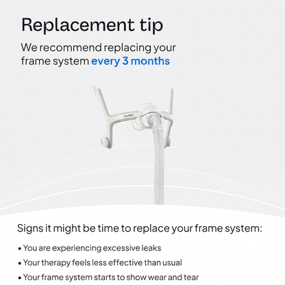 An informational graphic for a medical breathing device replacement tip, featuring a white nasal airway tube with a curved connector and tubing on a light gray background. Text at the top reads 'Replacement tip' and recommends replacing the frame system every 3 months, with additional signs for replacement listed at the bottom.