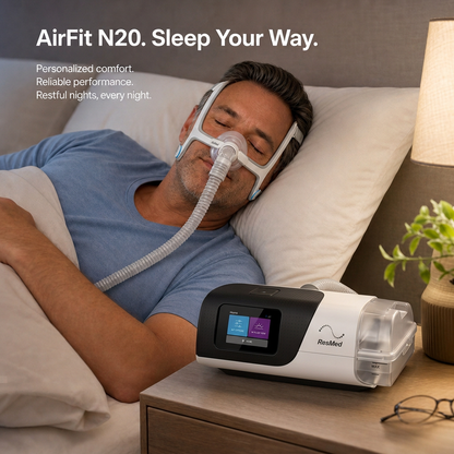 A man sleeping in bed wearing an AirFit N20 sleep mask and breathing tube, with a RespMed AirFit N20 machine placed on a bedside table nearby. Text on the image reads 'AirFit N20.
