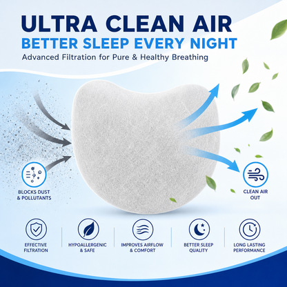 A white, textured air filter shown on a light blue and white background with marketing text and icons for clean air filtration. The graphic includes the headline 'ULTRA CLEAN AIR' and 'BETTER SLEEP EVERY NIGHT,' plus callout icons for blocking dust and pollutants and releasing clean air.