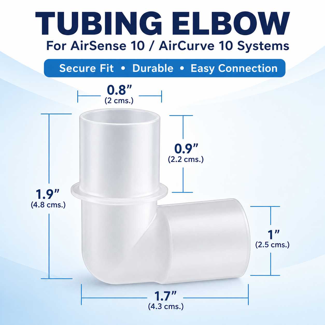 White plastic tubing elbow fitting shown on a light blue gradient background with printed dimensions and text reading 'TUBING ELBOW For AirSense 10 / AirCurve 10 Systems'.