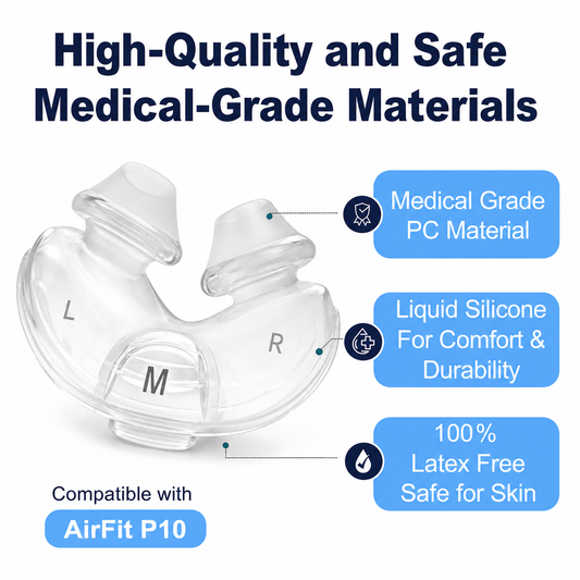 Clear medical-grade silicone earplugs labeled L, M, and R on a white background, with text callouts highlighting medical-grade PC material, liquid silicone comfort, latex-free safety, and compatibility with AirFit P10.