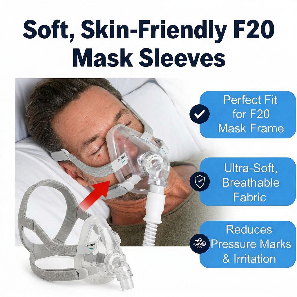Promotional graphic for soft, skin-friendly F20 mask sleeves, showing a man wearing a clear mask with a gray strap, plus an isolated view of the mask sleeve and three blue callout boxes with product benefits.