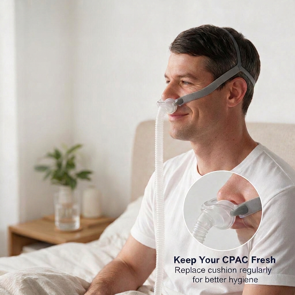 A man wearing a sleep apnea CPAP mask and tubing in a bedroom, with a circular inset showing a hand replacing the mask cushion. Text reads: 'Keep Your CPAC Fresh Replace cushion regularly for better hygiene'.