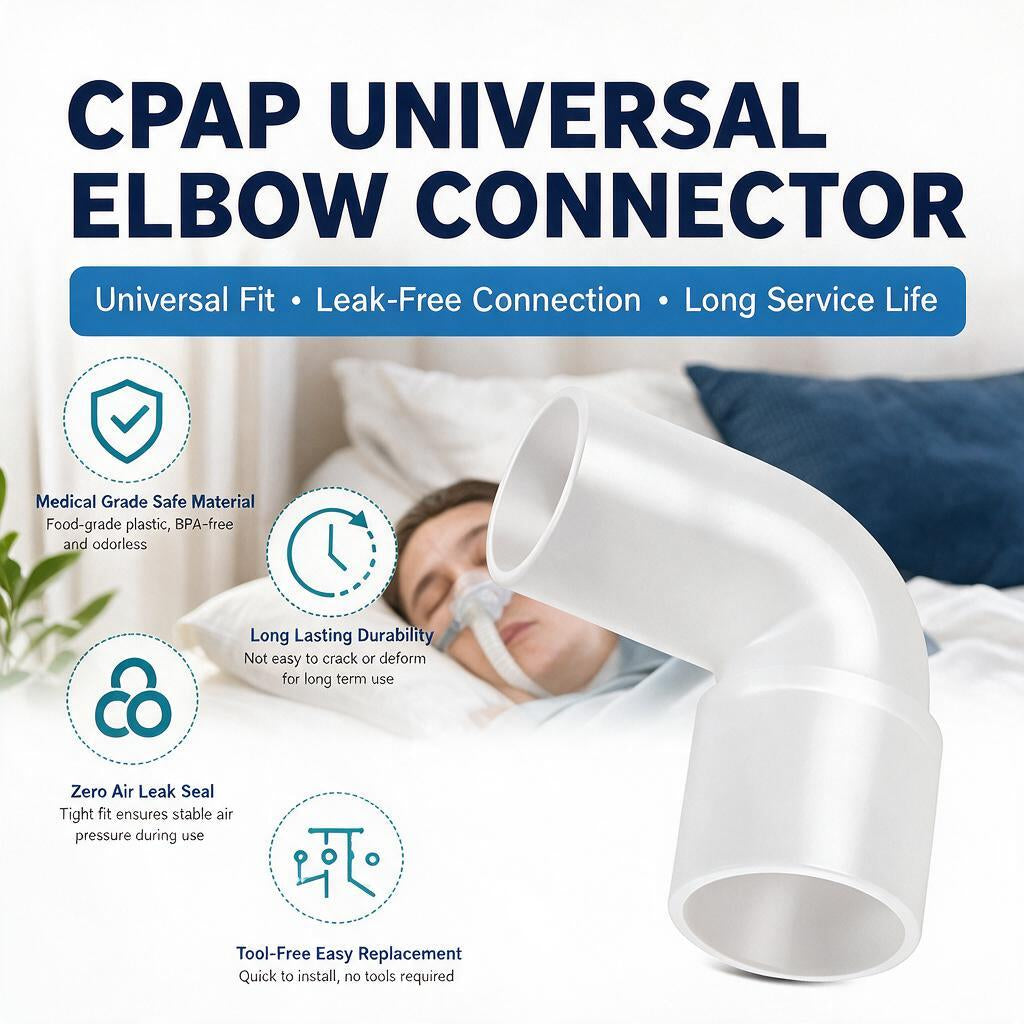 White CPAP universal elbow connector shown on a light gray background with promotional text and a small lifestyle photo of a person wearing a CPAP mask in the background.