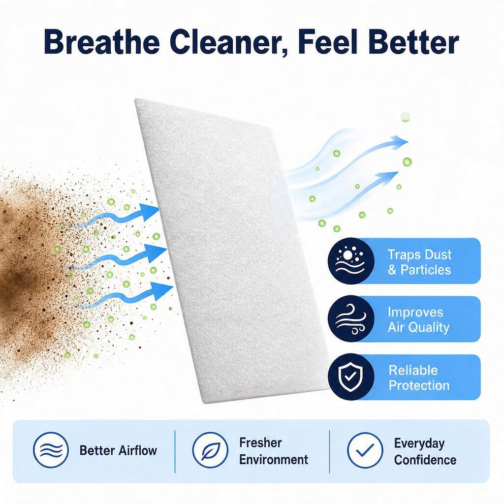 A white rectangular air filter or panel shown on a light gray background with marketing text and icons. The headline reads 'Breathe Cleaner, Feel Better,' with blue arrows indicating clean air flowing out and brown/green particles being trapped on the left side.