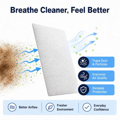 A white rectangular air filter or panel shown on a light gray background with marketing text and icons. The headline reads 'Breathe Cleaner, Feel Better,' with blue arrows indicating clean air flowing out and brown/green particles being trapped on the left side.