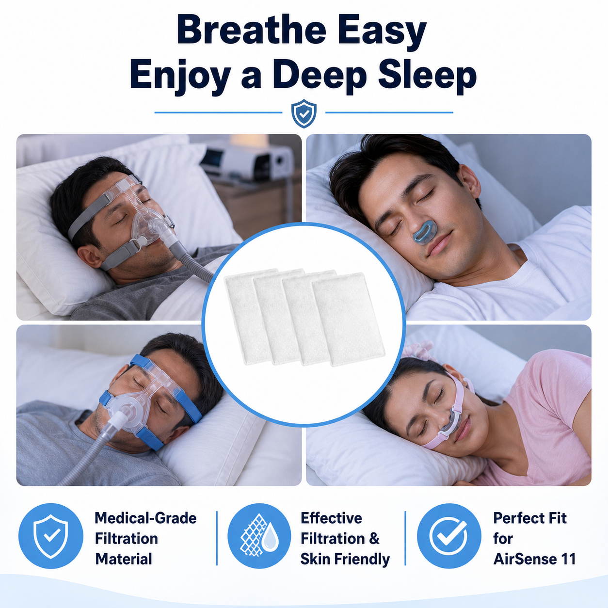 Promotional graphic for nasal sleep masks and filters. The top text reads 'Breathe Easy Enjoy a Deep Sleep.