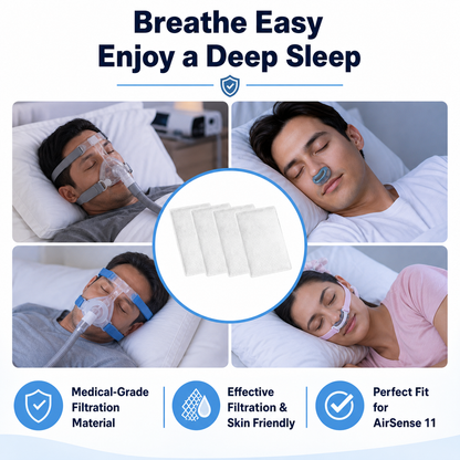 Promotional graphic for nasal sleep masks and filters. The top text reads 'Breathe Easy Enjoy a Deep Sleep.