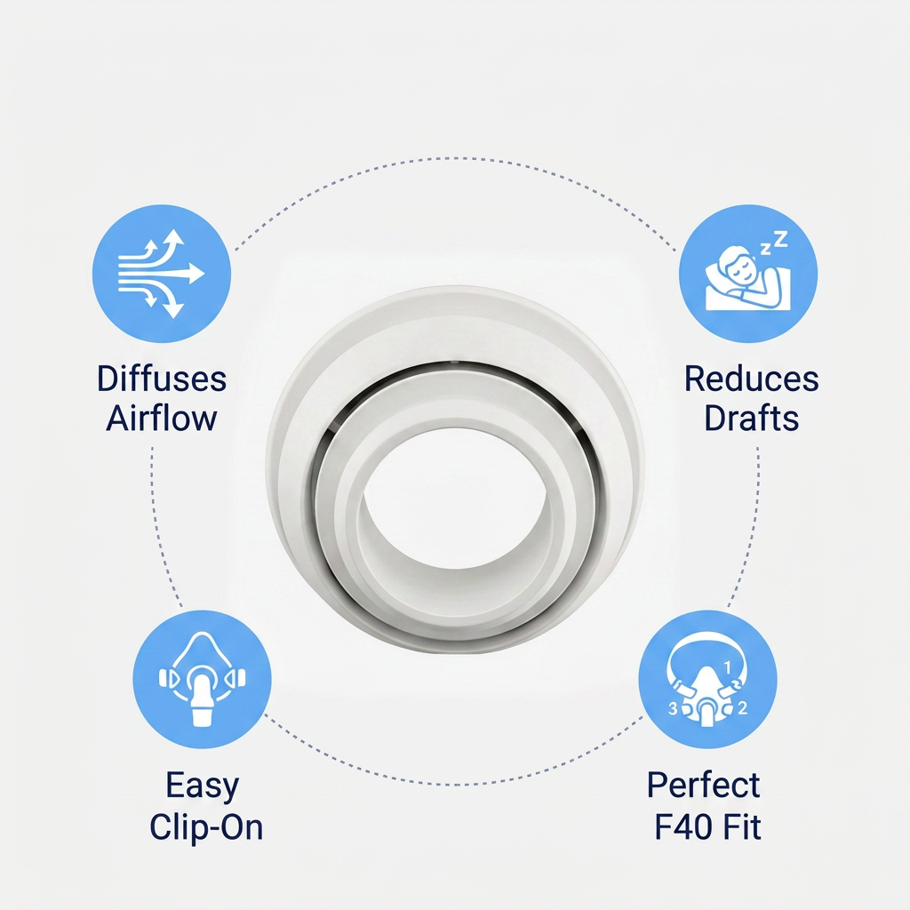 A circular clip-on diffuser shown on a light gray background with four blue feature icons around it: diffuses airflow, reduces drafts, easy clip-on, and perfect F40 fit.