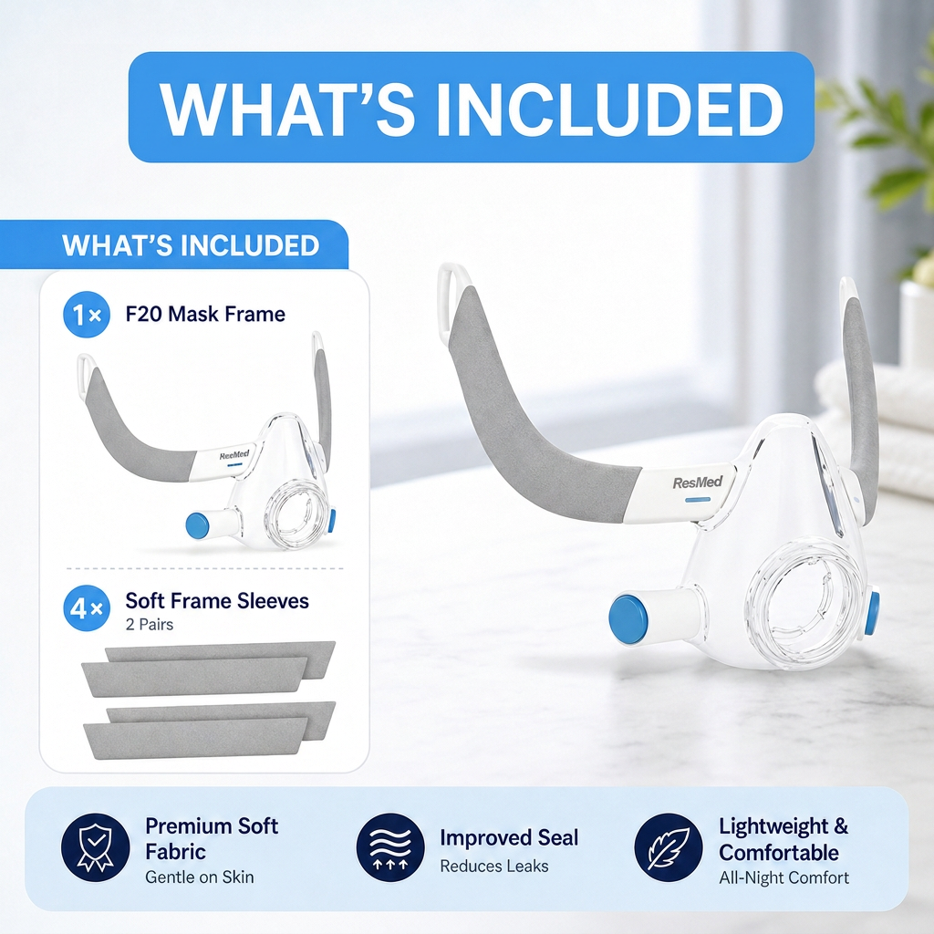 An informational product graphic for a RespMod F20 mask, showing the mask on a light marble surface with included accessories listed on the left under a blue 'WHAT'S INCLUDED' header. The graphic includes product features and benefits at the bottom.