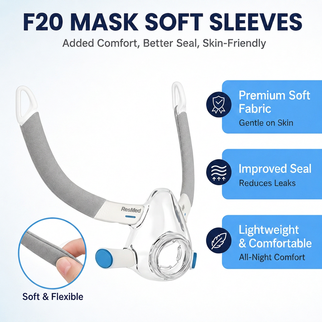 ResMed F20 mask with soft gray sleeves, shown on a white background with marketing text and feature callouts.