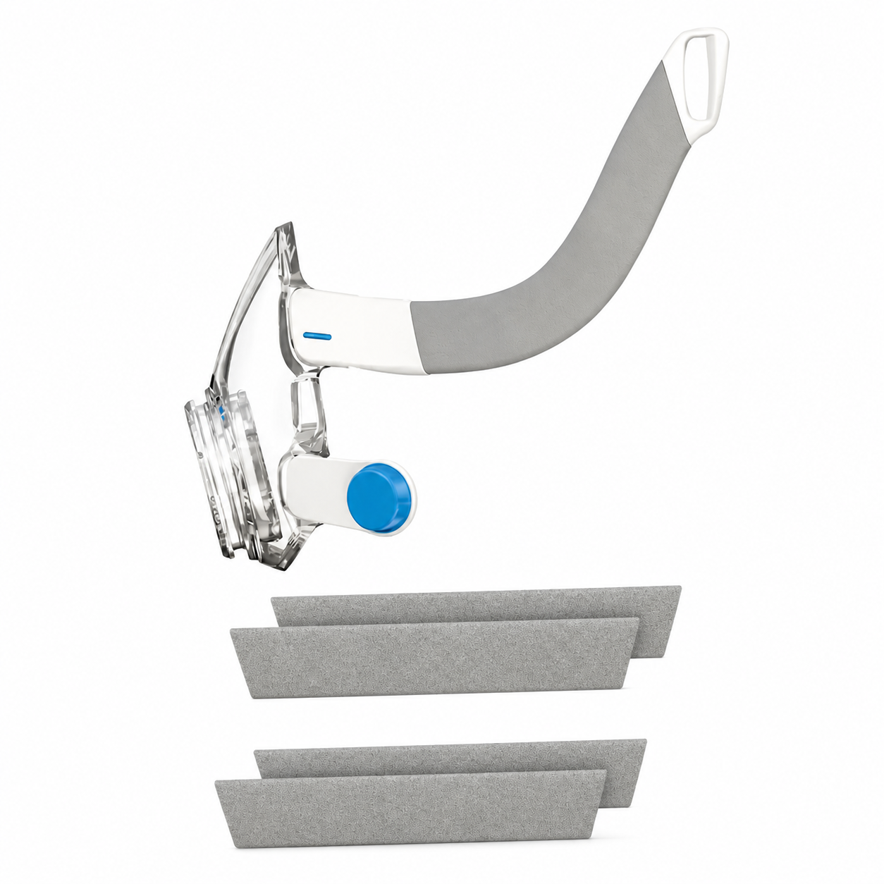 A magnifying headset with a curved gray and white headband, clear eyepiece, and blue accent, shown above three gray replacement pads on a white background.