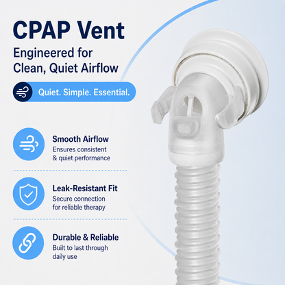 A clear CPAP vent connector with a corrugated hose, shown on a light blue and white background with marketing text highlighting quiet airflow, smooth airflow, leak-resistant fit, and durability.