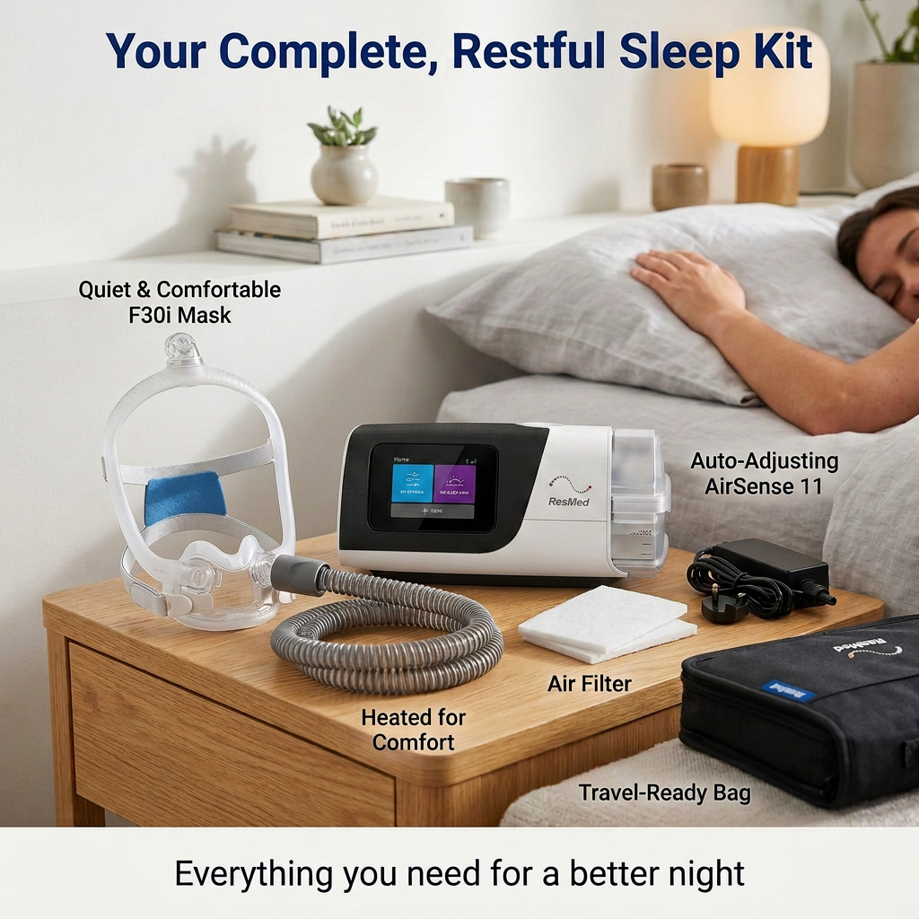 A sleep apnea sleep kit displayed on a wooden nightstand next to a bed, featuring a Respironic F30i mask, an AirSense 11 monitor, a heated hose, an air filter, a travel-ready bag, and accessories. Text overlays label each component.