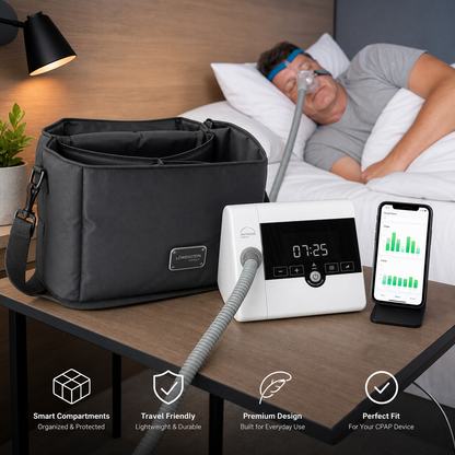 A sleep apnea breathing device set shown on a bedside table with a person sleeping in bed in the background. The set includes a black storage bag, a white pump device with a digital display, a gray breathing tube, and a smartphone showing a connected app.