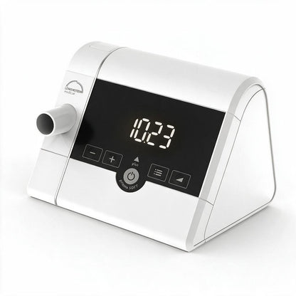 A white and black digital water fountain machine with a curved top, featuring a black display screen showing '10:23' and several control buttons on the front, set against a plain white background.