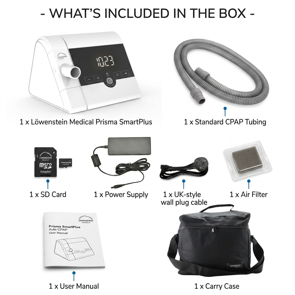 Box contents overview for a CPAP machine set, showing the white Prisma SmartPlus device, gray tubing, SD card, power supply, wall plug cable, air filter, user manual, and black carry case on a white background with text labels.