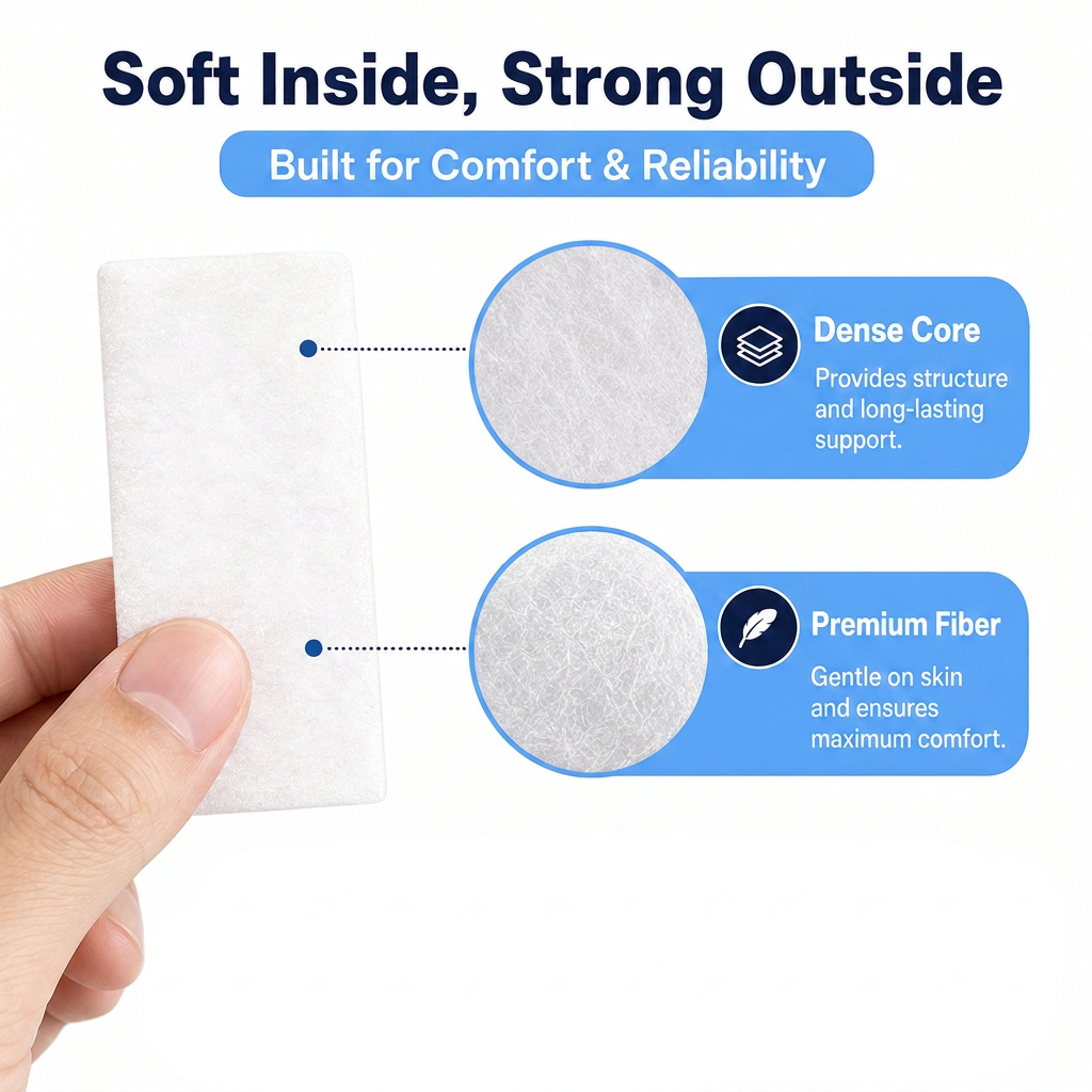 A hand holds a white rectangular cushion or pad against a white background, with marketing text and callout circles explaining its dense core and premium fiber quality.