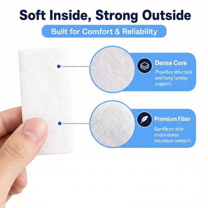 A hand holds a white rectangular cushion or pad against a white background, with marketing text and callout circles explaining its dense core and premium fiber quality.