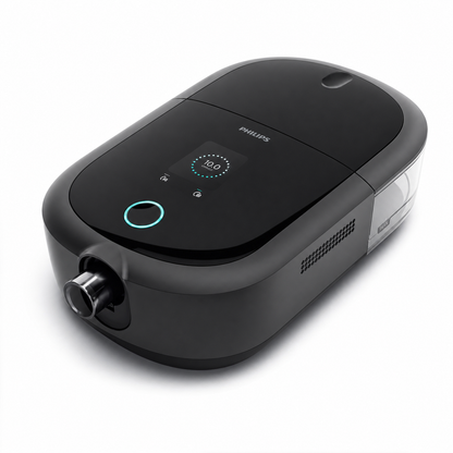 A Philips portable oxygen concentrator in matte black, shown at an angle on a clean white background.
