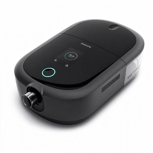 A Philips portable oxygen concentrator in matte black, shown at an angle on a clean white background.